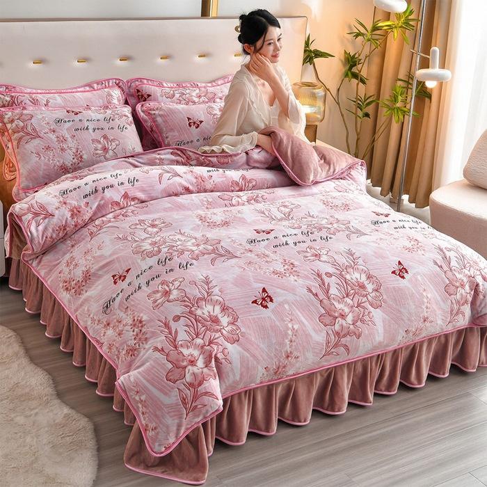 Thickened Milk Fleece Four-Piece Coral Fleece Quilt Cover, Bed Sheet Fleece Double-Sided Fleece Flannel Bedding, Bed Skirt