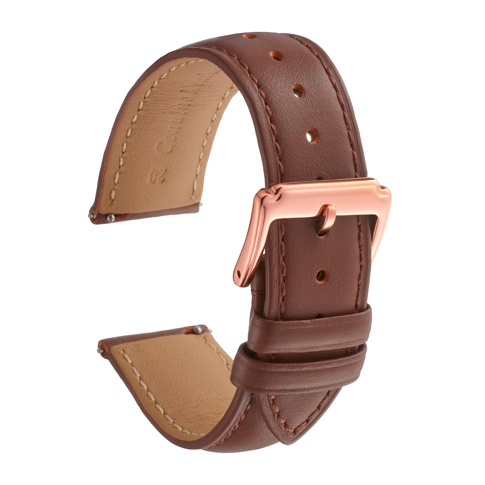 Calm Watch Strap, Genuine Leather, Smooth Leather, Quick Release, Smartwatch Band, 12mm - 24mm (19mm, Brown x Rose Buckle)