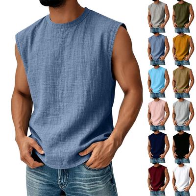 Men Sleeveless Linen Cotton Tank Top Casual Relaxed Fit Crew Neck Lightweight Summer Sports Vest Shirt
