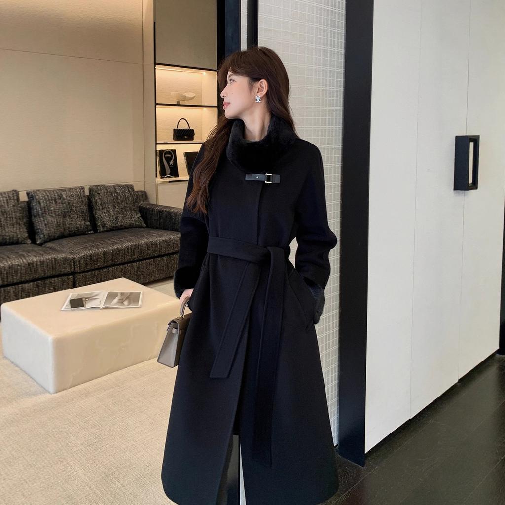 Autumn and winter new simple and fashionable versatile mink hair stand-up collar long-sleeved lace-up design cashmere solid color coat