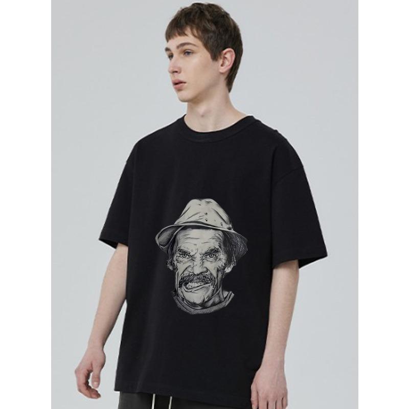 Oversized T Shirt Black Man with Hat and Mustache Graphic Print Casual Streetwear Fashion Unisex Top for Everyday Wear