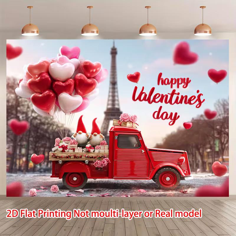 2D Flat Printing "Happy Valentine's Day" with Red Truck & Gnomes Backdrop