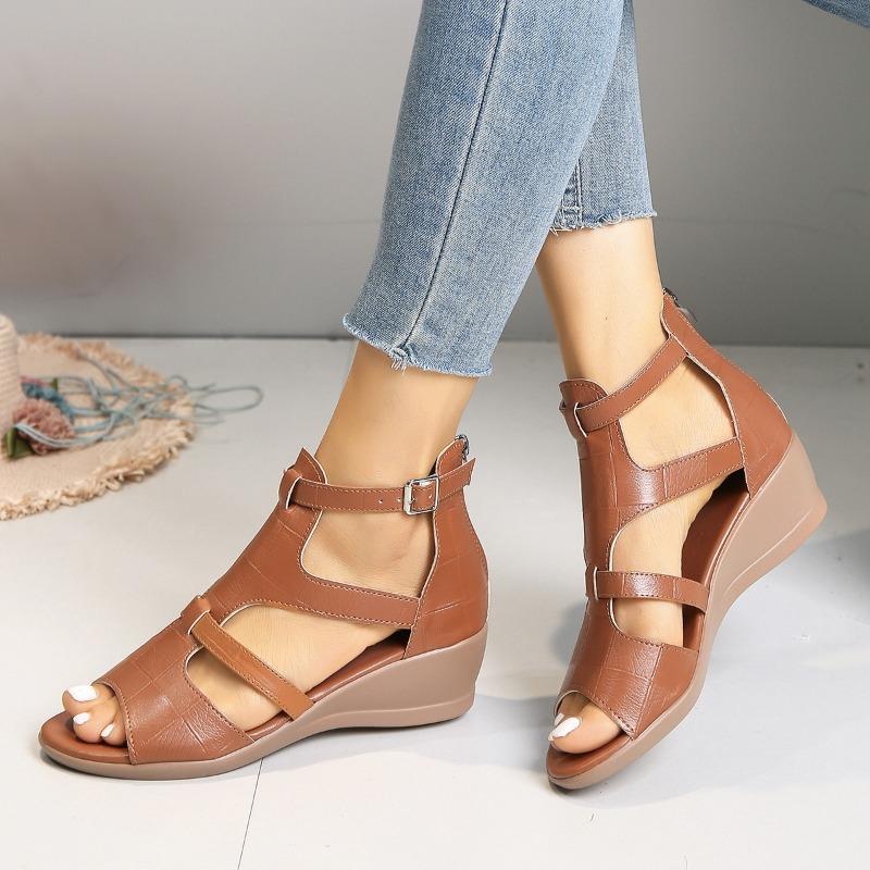 

Large size belt buckle hollow wedge heel sandals women s spring and summer new fish mouth rear zipper casual sandals 43 коричневый