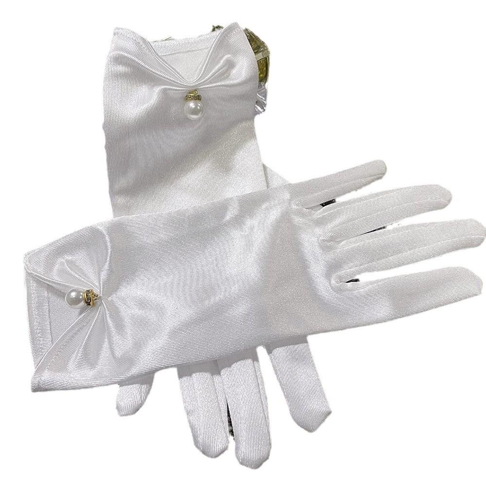 Pearl Decorative White Satin Bridal Gloves Wrist Length Women Silk Gloves Ladies