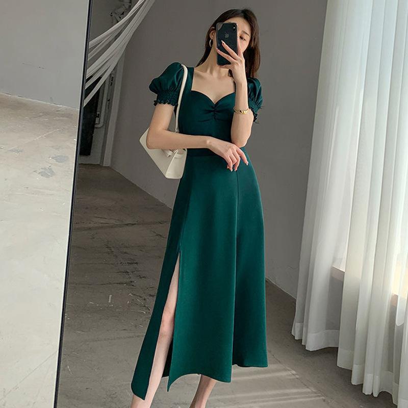 Square Neck Bubble Sleeve Split Black Dress Women's Summer New French Design Niche Long Dress