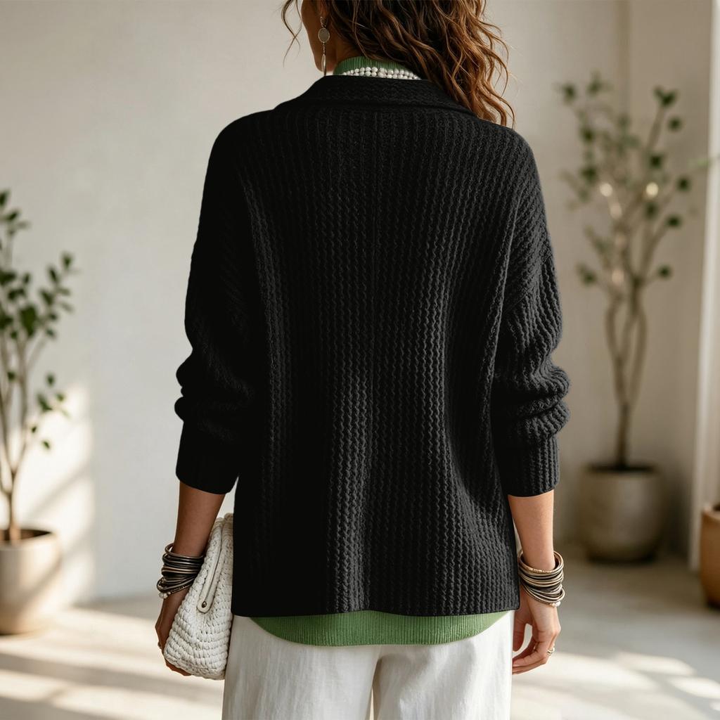 Women's Fashion Color Lapel Collar Long Sleeve Button Down Knit Cardigan Sweater Jacket Loose Fit Drop Shoulder