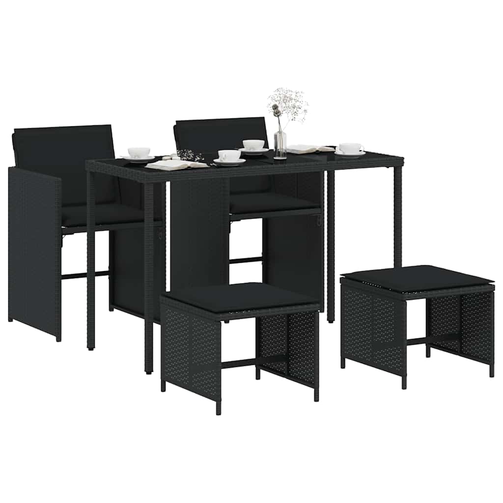 5 Piece Outdoor Dining Set with Cushions Black Poly Rattan