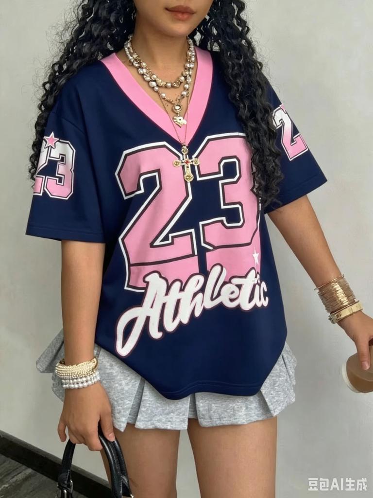 Nr. 23 Tricou American cu Imprimeu Digital Bumbac Decolteu în V Modă Streetwear Mânecă Scurtă Vară Femei Topuri Casual de Vacanță
