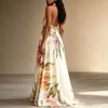 Women Neck Long Dress Backless Vacation Style Elegant Maxi Dress with Adjustable Tie and Floral Print for Summer Outings