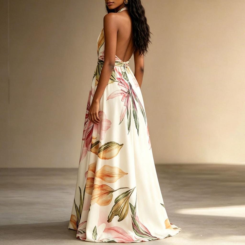 Women Neck Long Dress Backless Vacation Style Elegant Maxi Dress with Adjustable Tie and Floral Print for Summer Outings