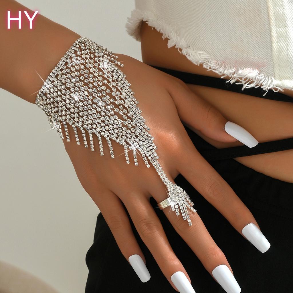 HY Wedding Party Crystal Long Tassel Chain Bracelet Hand Chain Finger Ring Bracelet Rhinestone Ring Bracelet for Women Teen