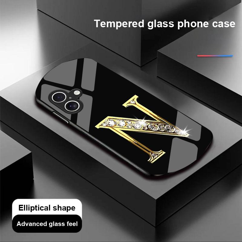 Diamant-Zeichen für Apple iPhone 16 11 13 15 14 Pro Max 12 Mini 7 8 Plus XR X XS Elliptisch geformte Hülle aus gehärtetem Glas