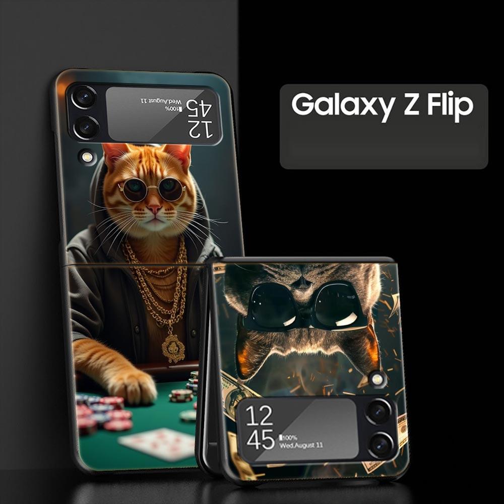 Hard PC Phone Case For Samsung Galaxy Z Flip 7 6 5 4 Black Cover For Galaxy Z Flip 3 Foldable Shockproof Money Cat Fundas Capas