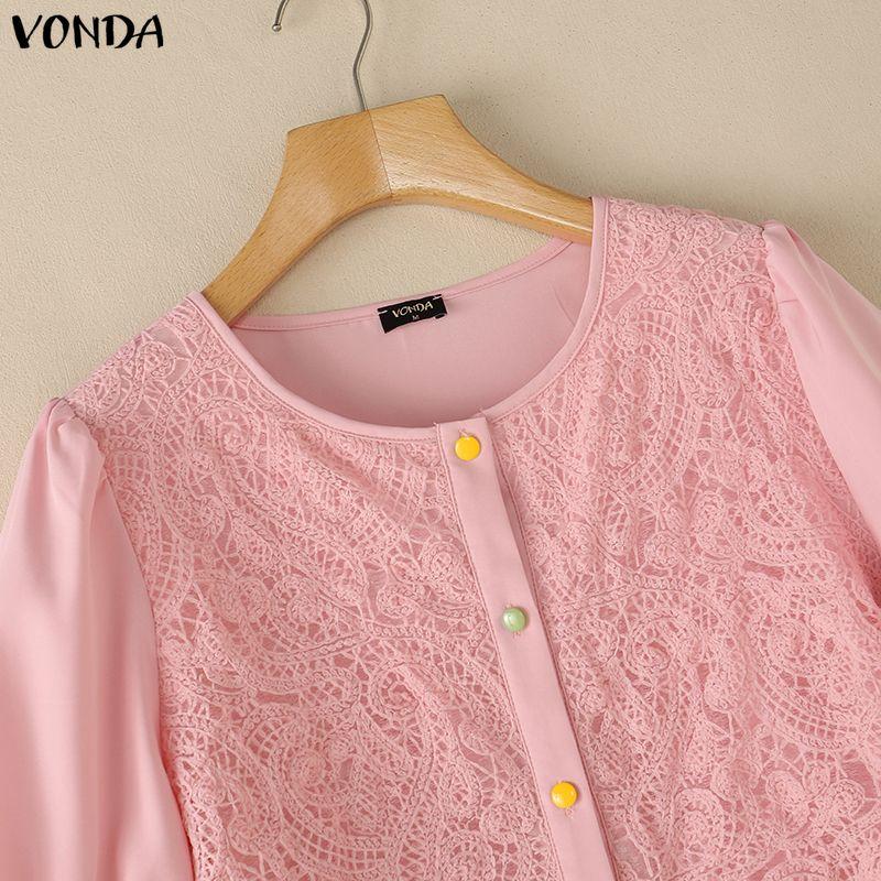VONDA Women Short Sleeve Front Lace Crochet Casual Ruffled Blouse Shirts Tops