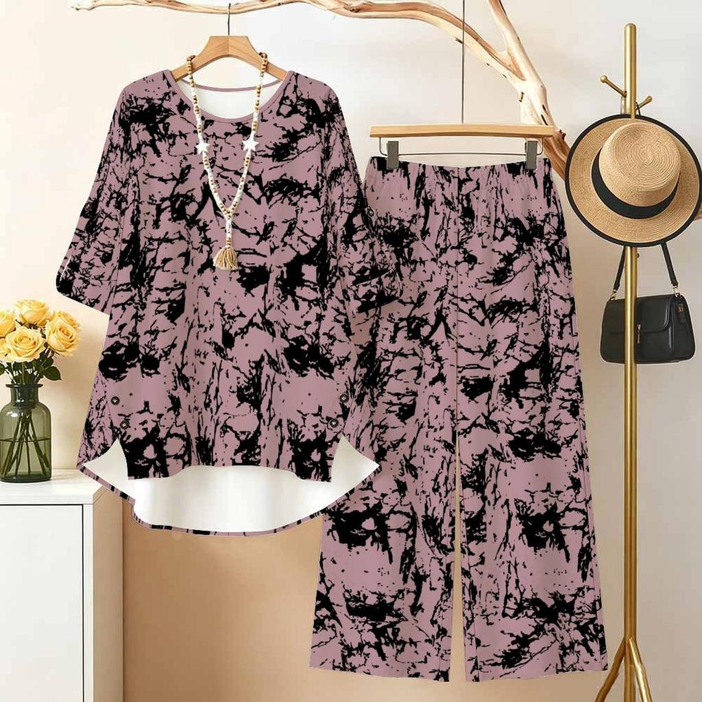 Women's 2‑Piece Outfit, Abstract Art 3/4 Sleeve Irregular Hem Top & Wide Leg Pants Set, Casual Loose Matching Suit