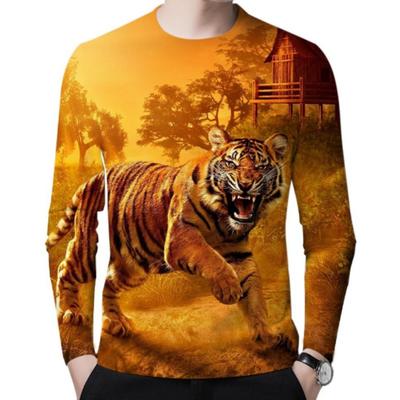 Round Neck 3D Animal Printed Casual Long Sleeved Men's T-shirts - Soft Medium Stretch Polyester Fabric Spring and Autumn Relaxed Fit Clothing