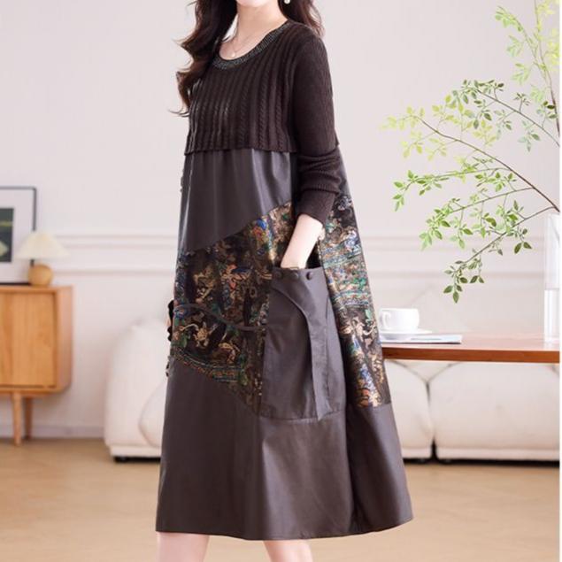 Women's long Sweater Dress Knitted Patchwork PU Leather A-Line Dress Plus Size Knitted Dress for Autumn and Winter ...