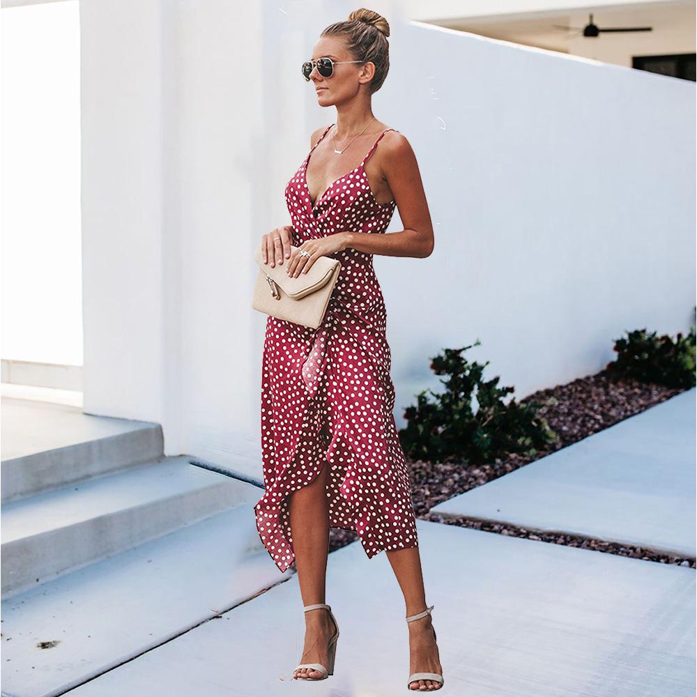 Tisk Středně dlouhý tečkovaný špagetový pásek Dámské šaty Sexy tenké volánky s výstřihem do V