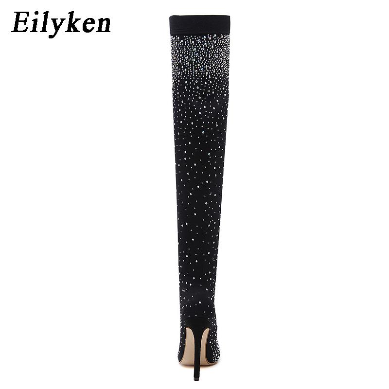 Fashion Eilyken Design Fashion Pointed Toe Bling Over Knee Boots Crystal Long Women Thigh High Heel Sexy Club Sock Botas Mujer