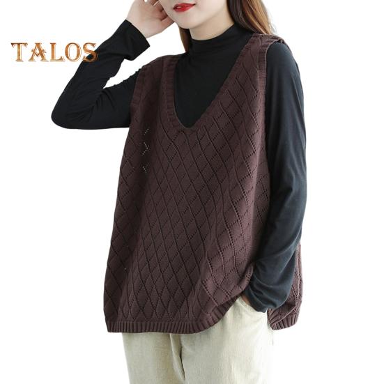 Spring Fall Women Vest Knitted Sweater Retro V Neck Loose Sleeveless Solid Color Pullover Hollow Out Rhombus Texture Daily Wear Top