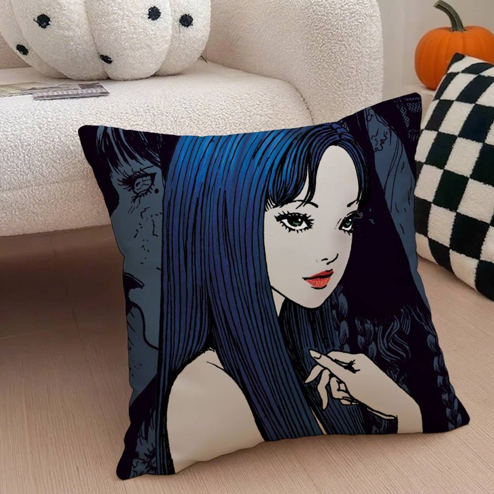 Horror Anime Junii K-Kawakami Tomie Pillow Case Anti-dustmite Pillowcase Invisible Zipper Silky Short Plush Sofa Cushion Cover