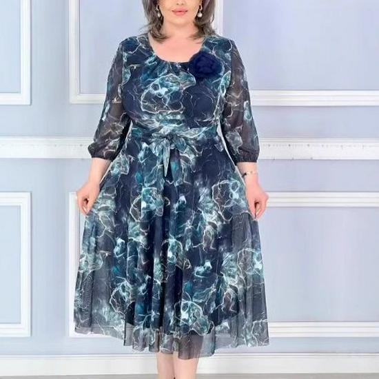 2024 European & American Plus Size Women's Mid-Length Print Dress
