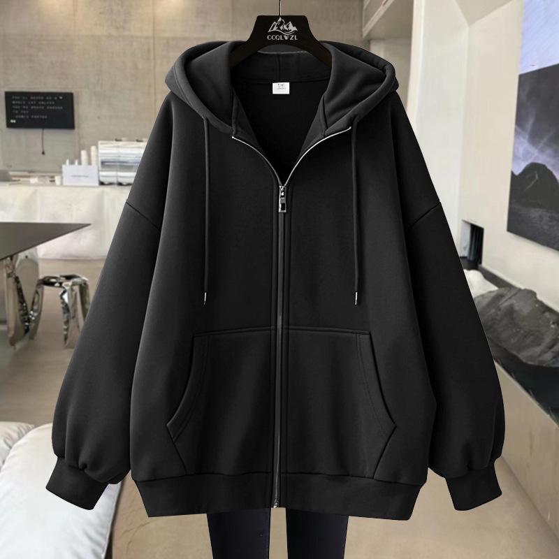 Fleece-Lined Cardigan Hoodie for Autumn/Winter - Loose Fit Sporty Style with Zipper
