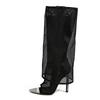 Fashion Sexy Metal Pointed Toe Black Mesh Knee High Boots Sandals Women Zip Fashion Rhinestone High Heels Shoes Female Botas Mujer