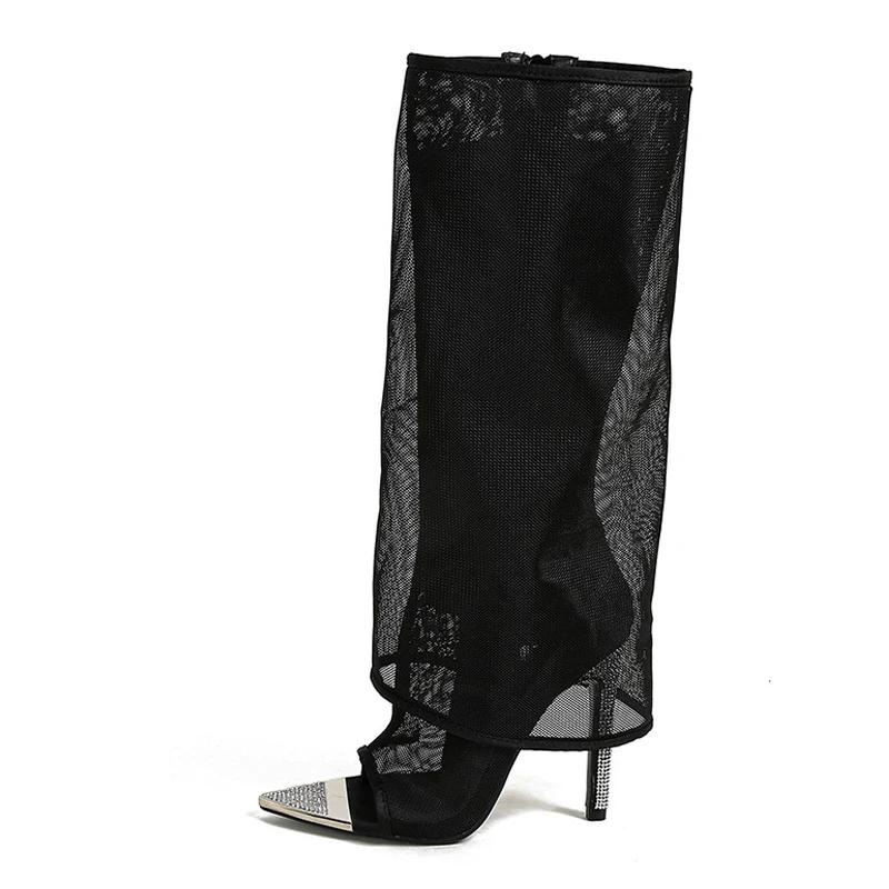 Fashion Sexy Metal Pointed Toe Black Mesh Knee High Boots Sandals Women Zip Fashion Rhinestone High Heels Shoes Female Botas Mujer