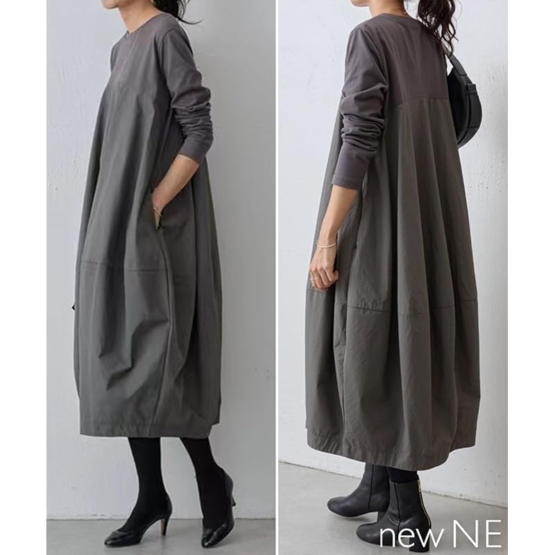 [Nyune] Cocoon dress formal long sleeve switching One piece Relaxing body shape cover Dress slimmer simple ladies spring autumn Beautiful big Dress