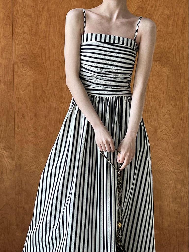 Luxi Off-Shoulder Striped A-Line Pleated Dress