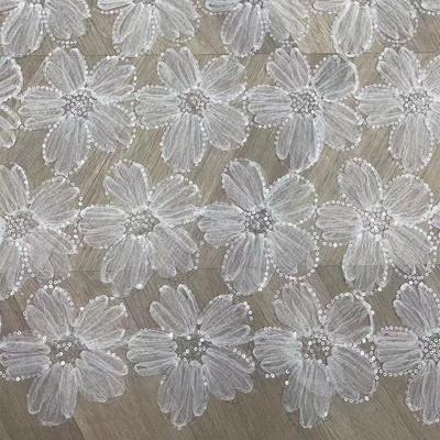0.9 Metros/lote 145 cm de ancho Nuevo tejido de encaje de malla blanca con lentejuelas flor de encaje soluble en agua cheongsam vestido retro tejido bordado