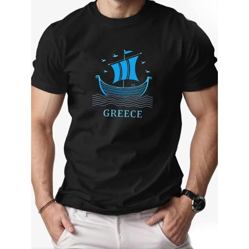 

Европейские размеры Мужская футболка с греческой парусной лодкой - Повседневная летняя футболка с синим дизайном парусника, надписью GREECE и волнистыми узорами S чёрный