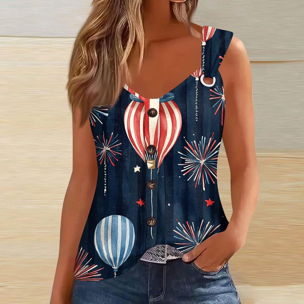 Women's Fashion Casual Loose Sleeveless Buttoned V-Neck Independence Day Printed T-Shirt Top