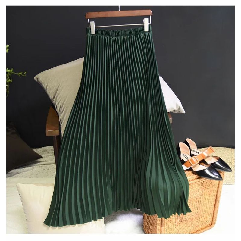 Pleated Skirt with Elastic Waistband Pleated High Waist Half-Length Female Elastic Waist Skirt
