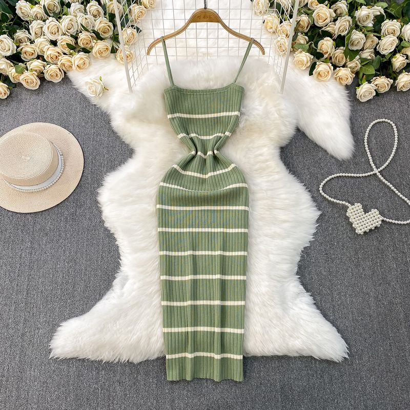 European and American Sexy Backless Sling Dress Women Summer New Elastic Striped Knitted Tight Slimming Sheath Long dress