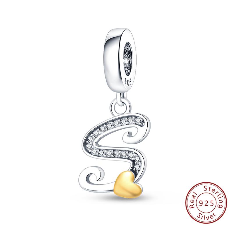 Classic Copper 26 Gold Color Heart Zircon Letter A-Z Charms Beads Fit Original Bracelets Diy Birthday Jewelry Gift