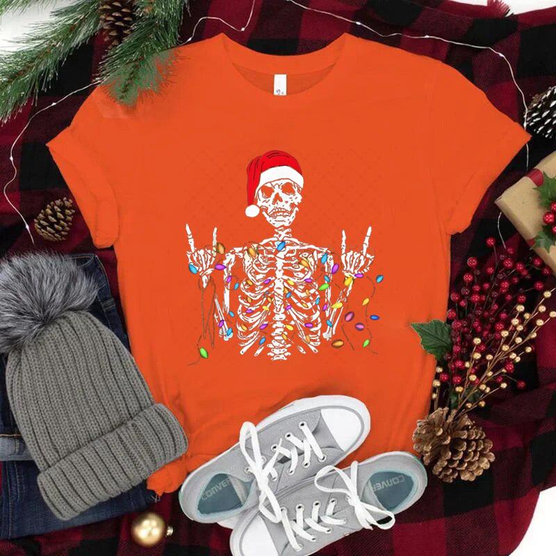 Christmas Skeleton Shirt Funny Lights Skull TShirts for Unisex Unisex Classic Street Style Tops Tees Xmas Santa Hat Skull Clothes