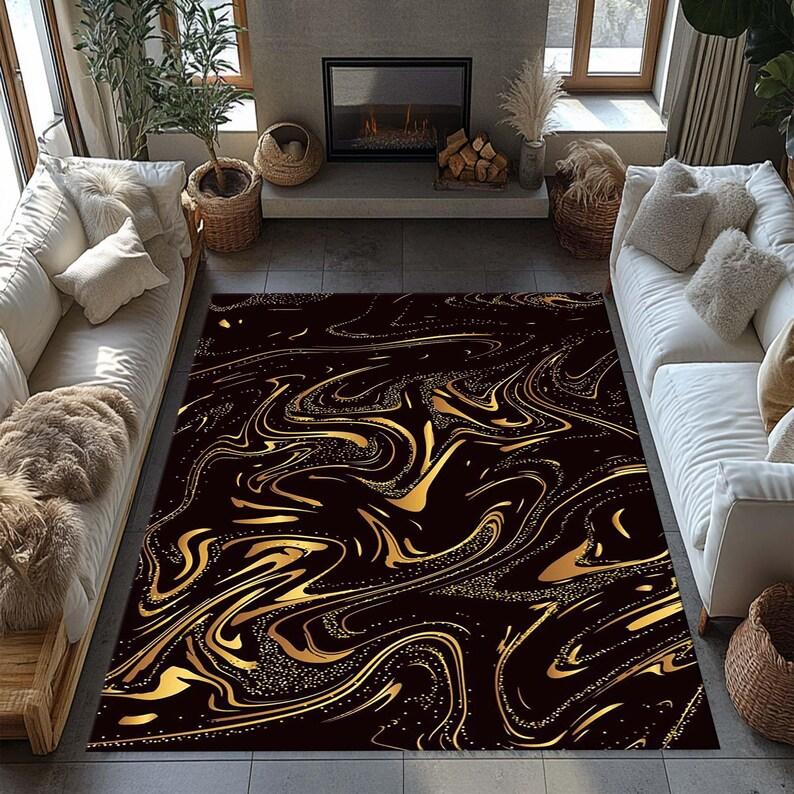 Black White Gold Marble Area Rug Modern Home Decor Home Decor Living Room Bedroom Vintage Pattern Design Non Slip Durable Rug