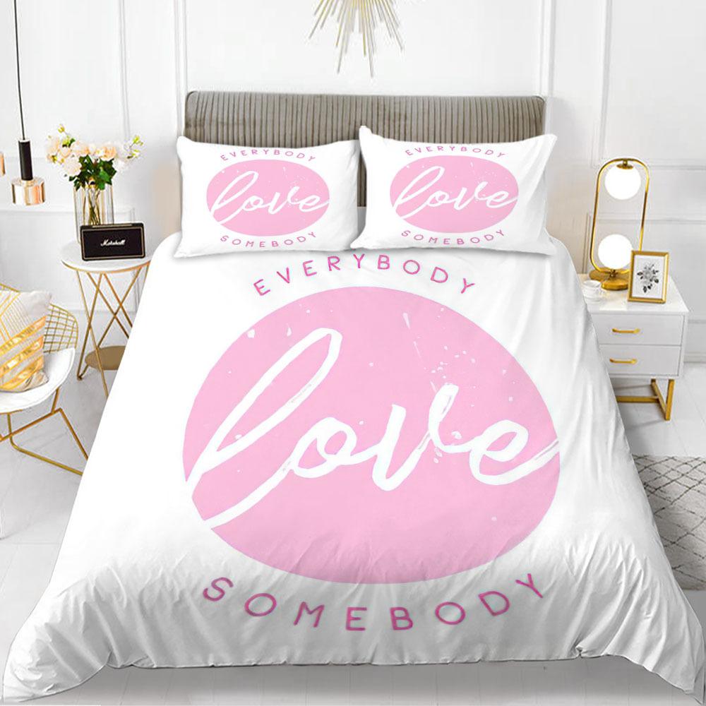 Love Theme Duvet Cover Set King Queen Size Heart Shape Romantic Letters Pink Flower For Kids Girls Couples Polyester Bedding Set
