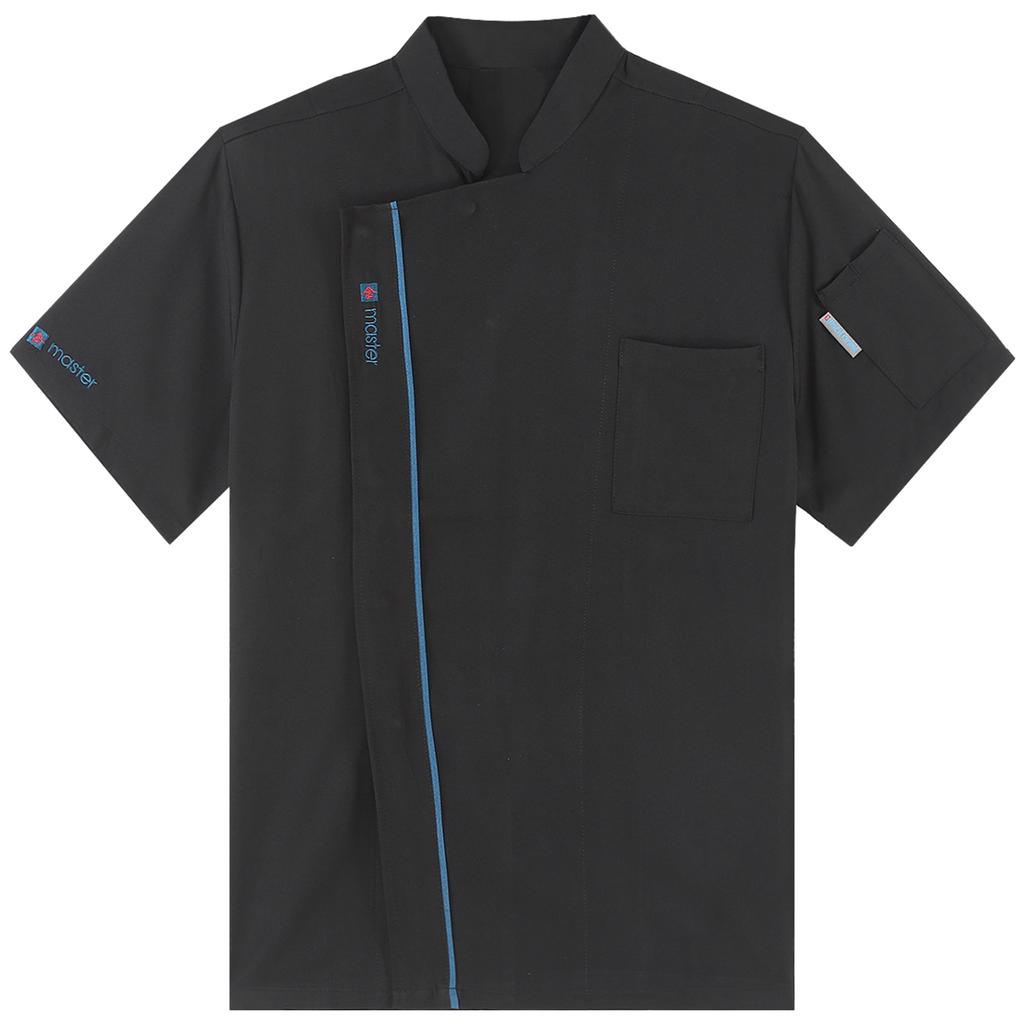 Unisex Lightweight Chef Jacket Stand Collar Short Sleeve Letter Embroidery Contrast Trim Kitchen Uniform Top