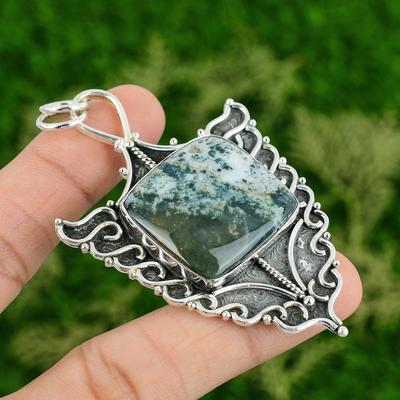 Radiant Solar Moss Agate Gemstone New Handmade Wife Pendant 925 Sterling Silver