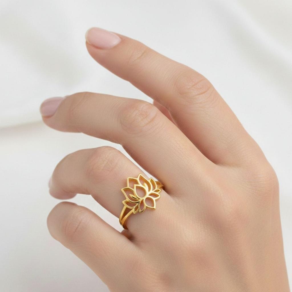 925 Sterling Silver Gold Vermeil Lotus Flower Openwork Spiritual Women Ring