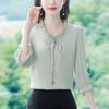 Top alla moda in raso da donna estate colore puro versatile elegante maniche a sette quarti camicetta elegante