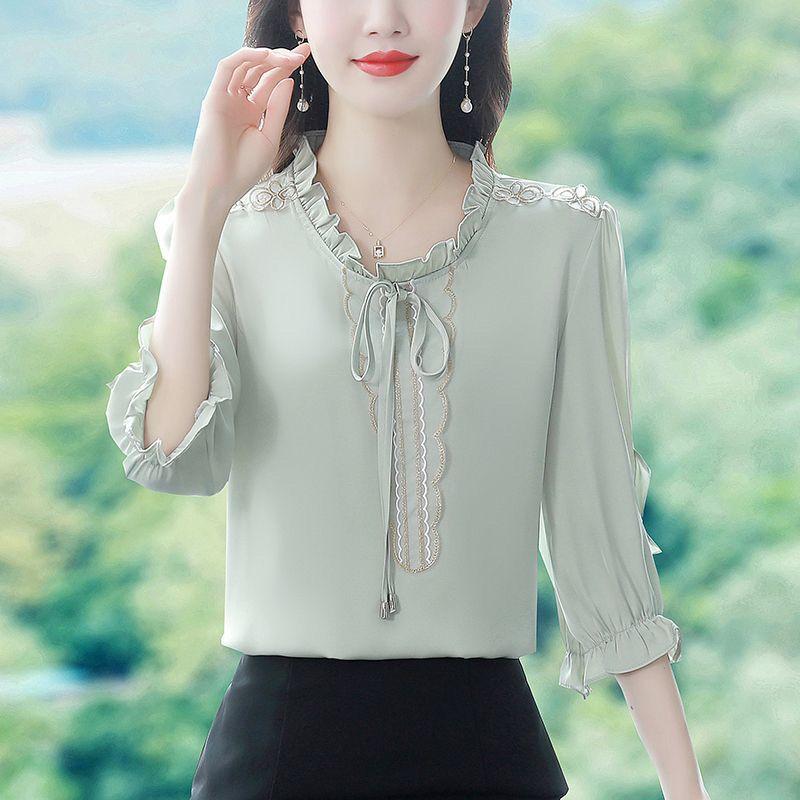 Top alla moda in raso da donna estate colore puro versatile elegante maniche a sette quarti camicetta elegante