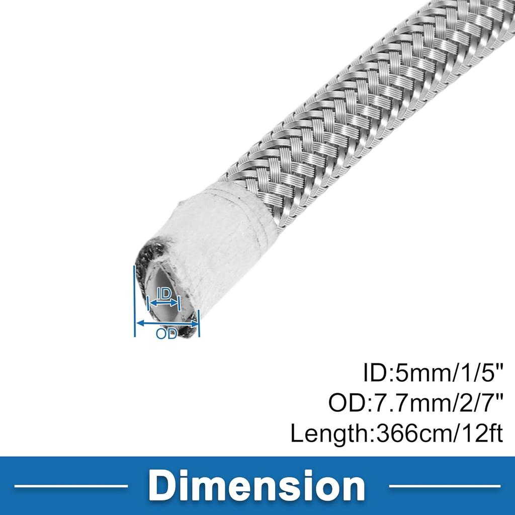 AN4 Fuel Line Hose 4AN 12ft Vacuum Hose Automotive Fuel Hose PTFE Rubber,Stainless Steel Silver Tone 1 Pcs