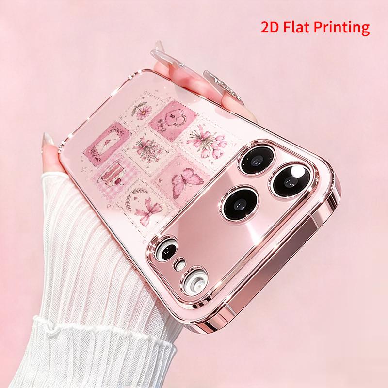 2DFlat electroplated tempered glass phone case,Pink Sticker Collage Phone Case,suitable for iPhone 18 Pro Max 17 16 15 14 13 12 11
