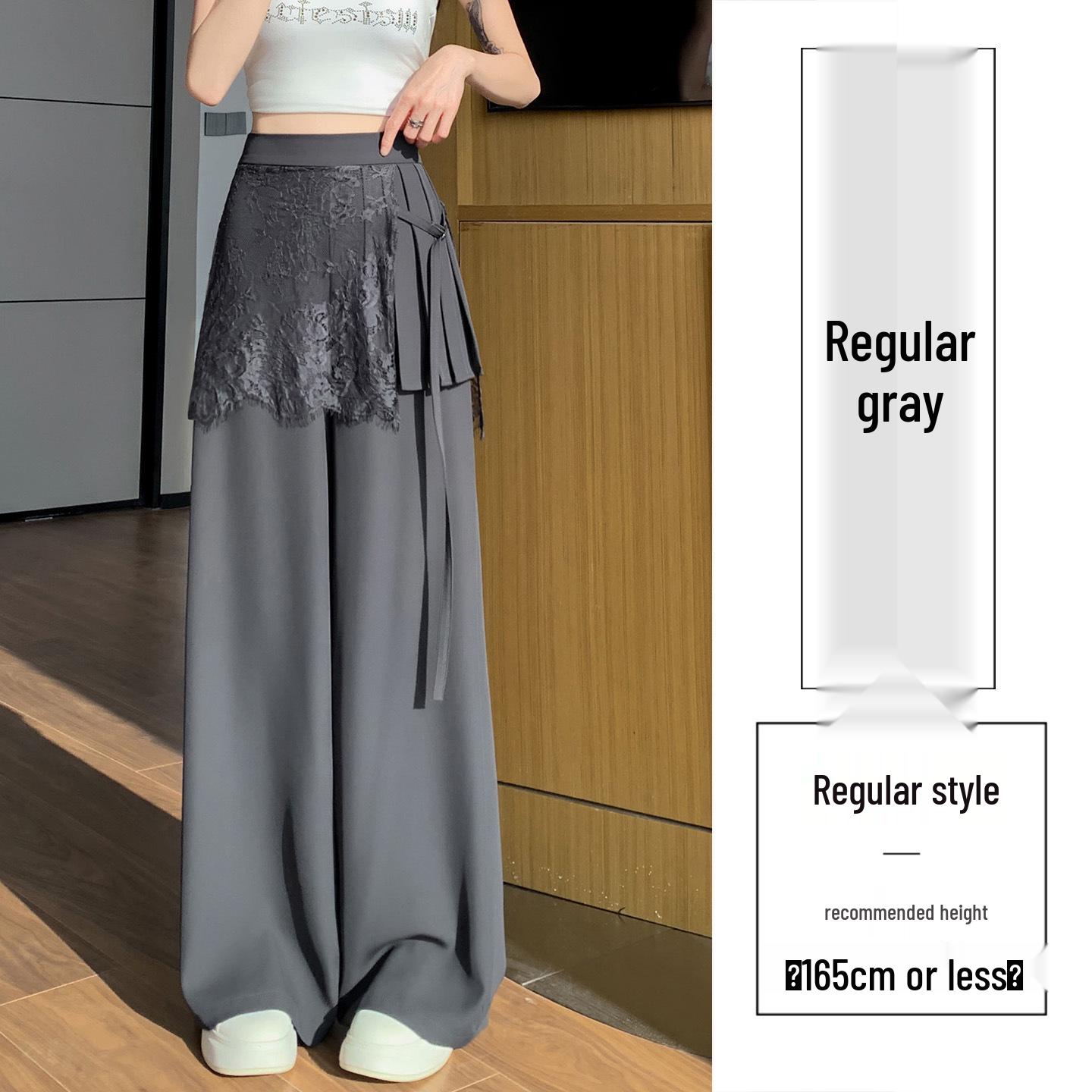 Women s Gray Lace Patchwork High-Waisted Wide-Leg Pants - Summer Fashion Floor-Length Slimming Suit S