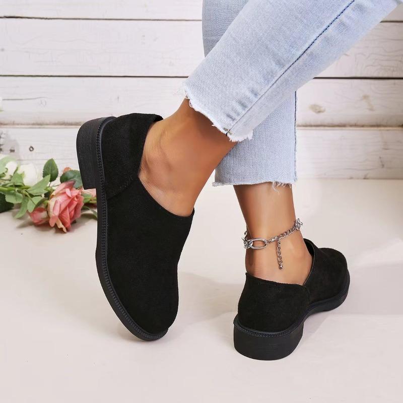 Wildleder Einzelmode Runde Spitze Tiefer Ausschnitt Weiche Sohle Rutschfest Blockabsatz Niedrige Schuhe