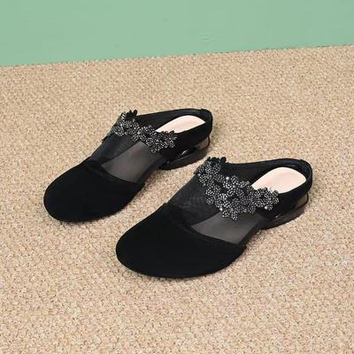 2025 New Summer Soft Leather Single Shoes Women's Mesh Yarn Flat Bottom Hollow Breathable Bag Head Rhinestone Matte Mother Women's Half Slippers